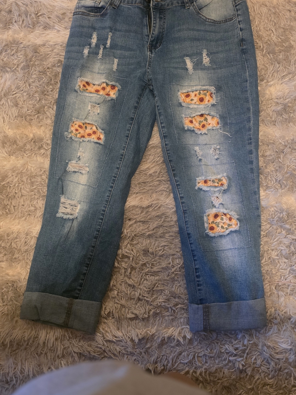 Blue Distressed Boyfriend Jeans with Floral Patch Inlays